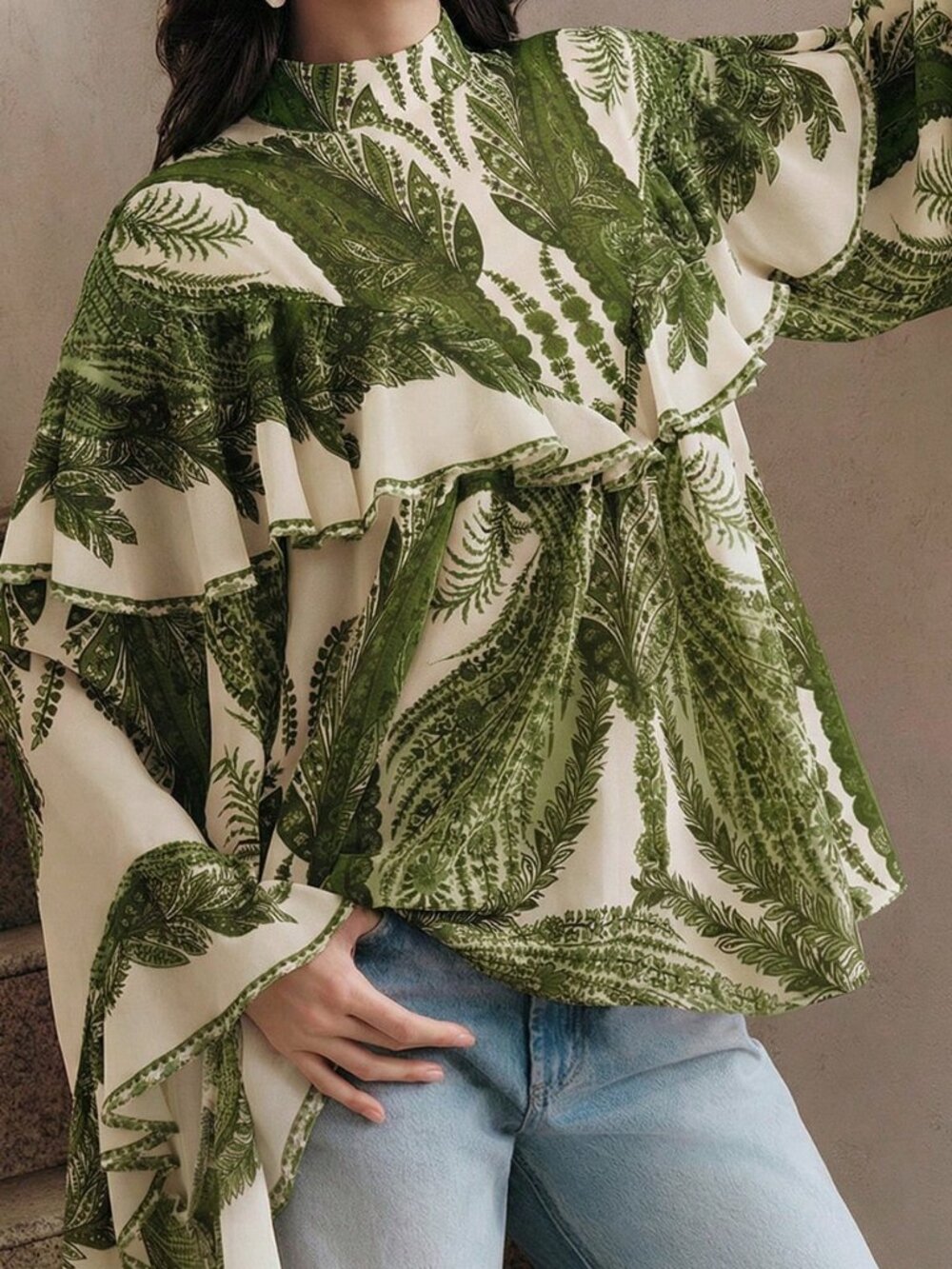 Green Casual Elegant Women's Flowy Floral Print Long Sleeve Ruffle Hem Blouse - Picture 6 of 8